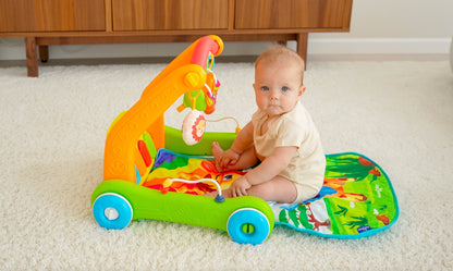 4-in-1 baby activity center for tummy time, sitting, learning to walk, and on-the-go fun. Features over 30 sounds & songs including ABC’s and Wheels on the Bus. Includes 4 rattles, a mirror, and a piano for interactive play and exploration. Lead-free materials ensure safety exceeds US and EU toy regulations. Packaged for gifting, easy assembly, and machine washable mat. Requires 2xAAA batteries (not included).
